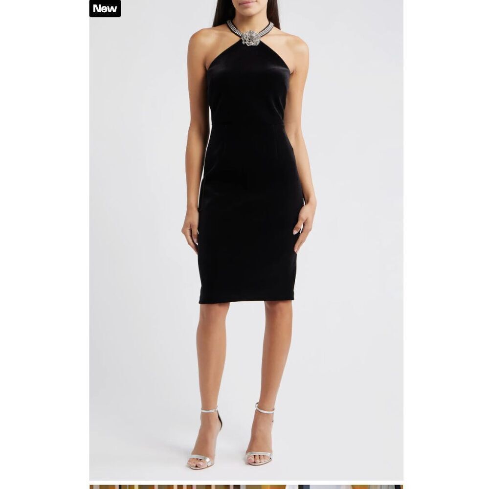 New Eliza J Women's Crystal Flower Halter Neck Velvet Cocktail Dress size 10